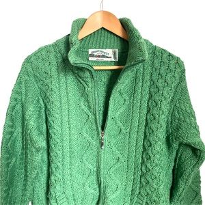 Cardigan Sweater Vintage 1990s Zipper Front Green 100% Merino Wool from Ireland